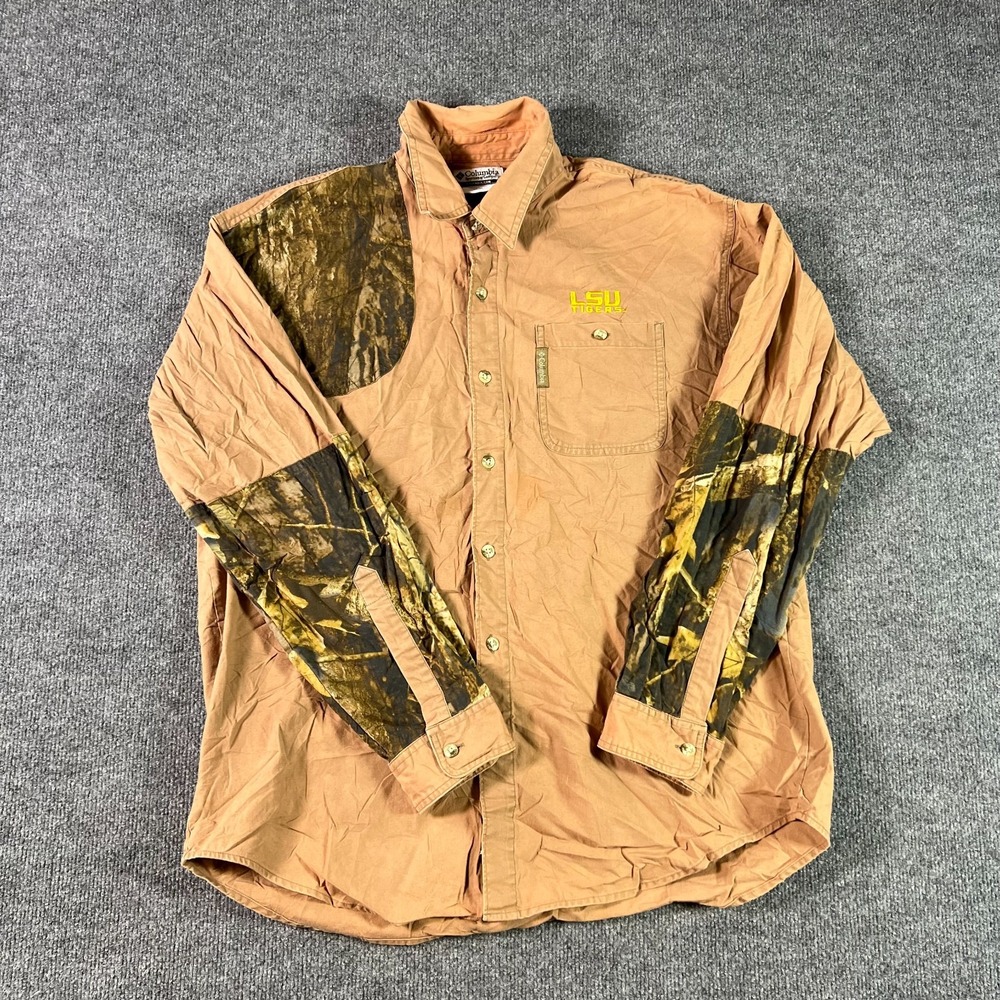 VTG Columbia Shirt Mens Large Brown Camo Patch LSU Tigers Button Front Hunting